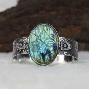 Labradorite Bangle Sterling Silver Bangle Handmade Bangle Gemstone Bangle Cuff Bracelet Adjustable Bangle Carving Labradorite Bracelet Gift