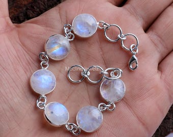 Rainbow Moonstone Sterling Silver Bracelet, Adjustable Bracelet, Round Moonstone Bracelet, Silver Jewelry, Boho Bracelet, Gemstone Bracelet