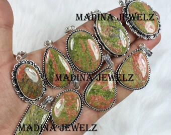 Unakite Jasper Pendant, Sterling Silver Pendant, Green Unakite Pendant Collet Pendant Unakite Jasper Gemstone Pendant Unakite Jasper Jewelry