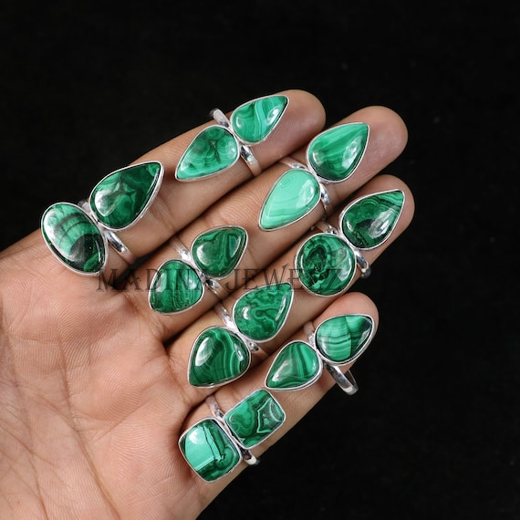 Malachite Ring Double Stone Ring Sterling Silver Ring All Size Ring Statement Ring Green Malachite Gemstone Ring Mix Ring Collet Boho Rings