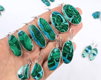 Chrysocolla Malachite Earrings, Sterling Silver Earring, Blue Chrysocolla Earring, Ear Wire Dangle Drop Earrings, Pair Gemstone Earring Gift