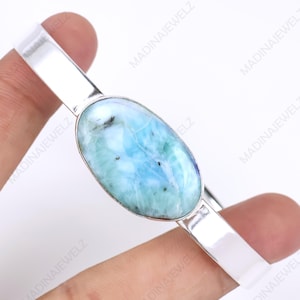 Larimar Bangle, Cuff Bangle, Sterling Silver Bracelet, Statement Bracelet, Blue Larimar Gemstone Bangle Bracelet, Handmade Bracelet Gift