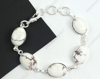 Wildes Pferd Jaspis Armband, Oval Stein Armband, Sterling Silber Armbänder Wildes Pferd Armband, Boho Edelstein Armband, Frauen Armband Geschenke