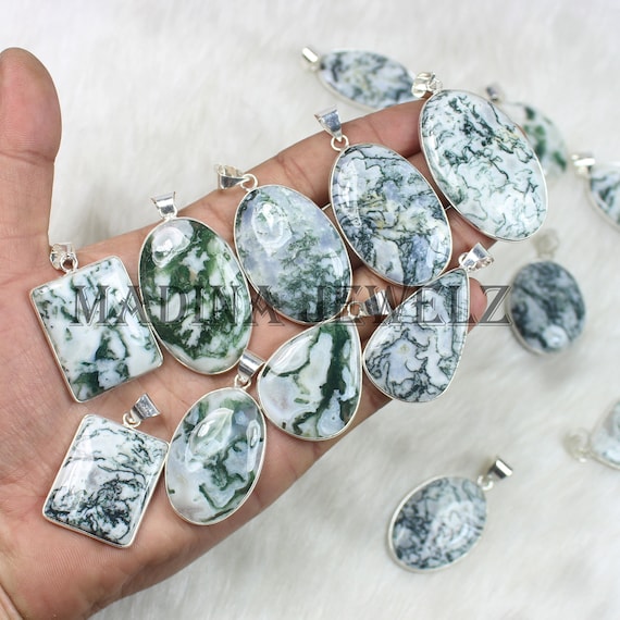 Tree Agate Pendants Sterling Silver Pendant-Green Trees Agate-Gemstones Necklace Tree Solar Quartz Bezel Pendant Necklaces For Women
