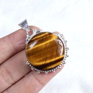Yellow Tiger Eye Pendant Sterling Silver Pendant Flash Tiger Eye Gemstone Pendant Round Pendant Collet Pendant Necklace Tiger Eye Jewelry