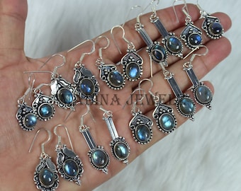 Brincos de Labradorita Azul em Prata de Lei com Gancho, Brincos de Labradorita Brilhantes, Par de Brincos com Gancho, Brincos Minimalistas