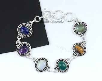 Bracelet en pierres précieuses, bracelet en argent sterling - bracelet multi-six pierres - bijoux bohèmes tendance, mélange de bracelets cabochon pour femme