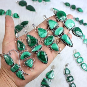 Malachite Pendant Sterling Silver Pendant Three Stone Pendant Green Malachite Gemstone Pendant Collet Pendant Malachite Three Stone Jewelry