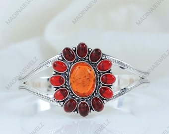 Roter Onyx & Bernstein Armreif-925 Sterling Silber Armreif Schmuck-Roter Onyx-Armreif-Manschette Armreif-Einstellbar Armband-Statement Armreifen für Frauen