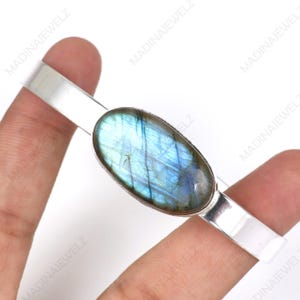 Labradorite Gemstone Bangle, Cuff Bangle, Sterling Silver Bracelet, Oval Stone Bracelet, Labradorite Bracelet, Statement Bangle Gift For Her