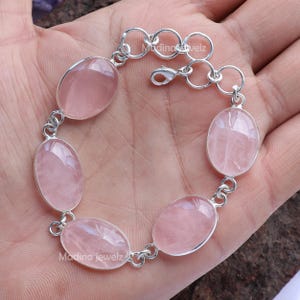 Rose Quartz Bracelet Sterling Silver Bracelet Pink Rose Quartz Gemstone Bracelet Handmade Bracelet Chain Bracelet Oval Rose Quartz Jewelry