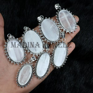 Selenite Pendant, Sterling Silver Pendant, Collet Pendant, Flash White Selenite Gemstone Pendant Selenite Jewelry Selenite Charm Pendant