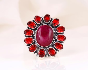 Ruby Garnet Rings: 925 Sterling Silver Statement Ring-Red Garnet-Ruby Rings-Oval Gemstone Rings For Women