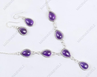 Amethyst Earrings, Amethyst Necklace Sets, Sterling Silver Necklace and Earrings Set, Silver Jewellery Sets Gemstone Necklace Gift For Her