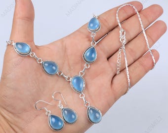 Blue Chalcedony Necklace Set Earrings, Sterling Silver Necklace Earrings, Chalcedony Earrings, Boho Jewelry, Gemstone Necklace Drop Earrings