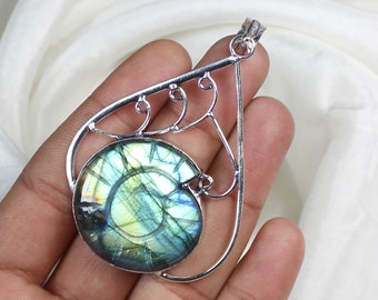 Multi Labradorite Pendant, Sterling Silver Pendant, Designer Necklace, Ammonite Pendant Collet Pendant Ammonite Labradorite Gemstone Pendant