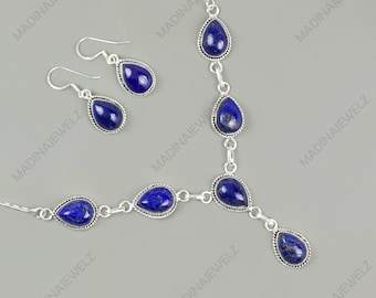 Conjunto de joias de lápis-lazúli, colar e brincos de lápis-lazúli, conjunto de colar e brincos pendentes em prata de lei.