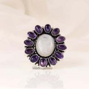 Anello con pietra di luna e ametista, anello fatto a mano, anello in argento sterling 925, anello con pietra di luna naturale, anello con pietra preziosa di ametista, anello importante