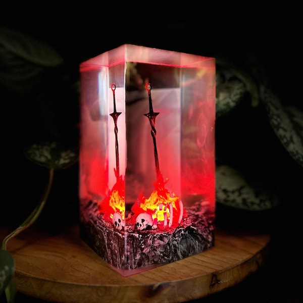 Red Bonfire Resin Lamp, Handmade Dark Soul Night Light gift, Unique Dark Souls Gift for Room Decor, Epoxy Lamp