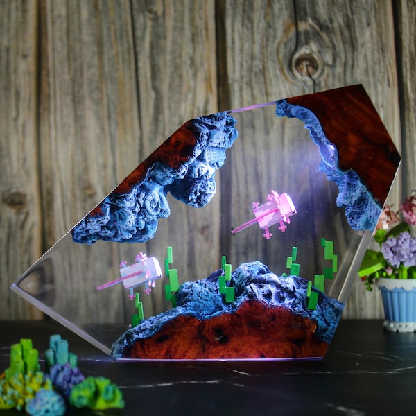 Lampa z żywicy Pixel Game Axolotl, ręcznie robiona lampa nocna Diorama
