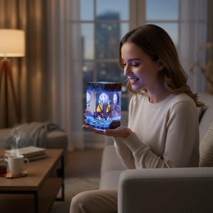 Puede incluir: Una pieza de arte rectangular de resina brillante que representa una escena con dos figuras con abrigos amarillos. La obra de arte es sostenida por una persona con un su&eacute;ter color crema. La pieza est&aacute; iluminada con luz azul, creando un efecto m&aacute;gico.
