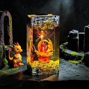 Könnte beinhalten: Ein Kunstwerk aus Harz mit einer leuchtend orangefarbenen und gelben drachenartigen Kreatur und anderen Figuren in einem rechteckigen Block. Eine passende Figur steht daneben. Das Kunstwerk hat eine dunkle, strukturierte Außenseite und einen leuchtenden Innenraum.