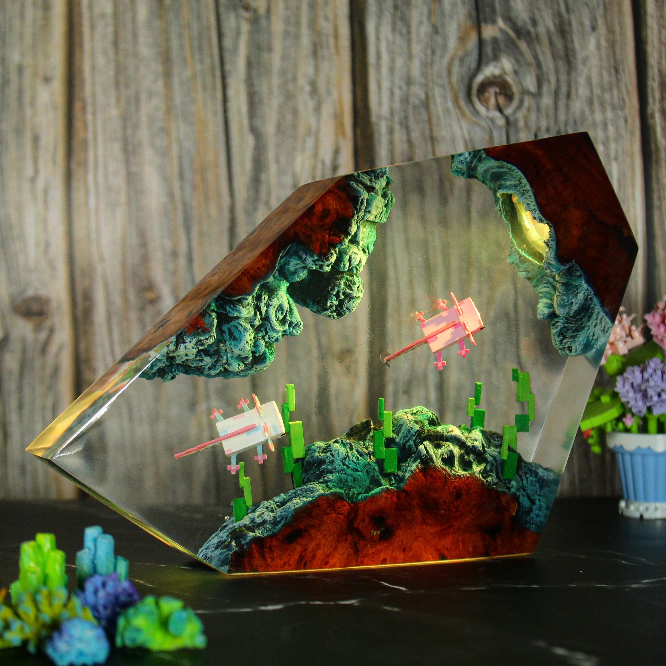 Axolotl Miycraft Resin Lamp, Diorama Handmade Epoxy Lamp, Night