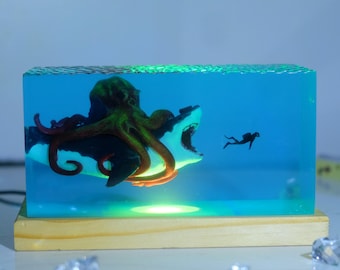 Shark Resin Lamp: Handmade Ocean Diorama Night Light