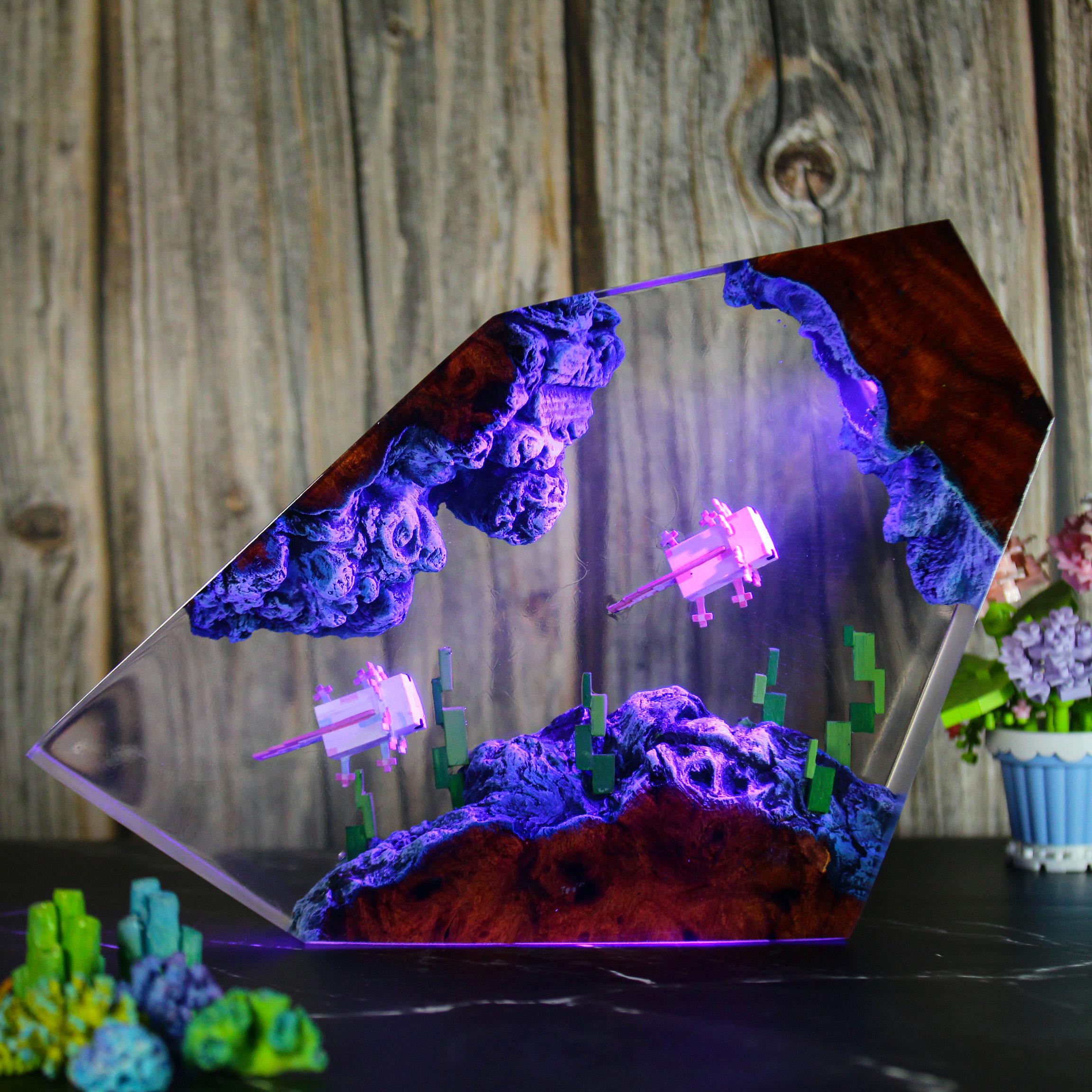 Handmade Wood Resin Axolotl Lamp, Minecraft Gamer Decor, Color