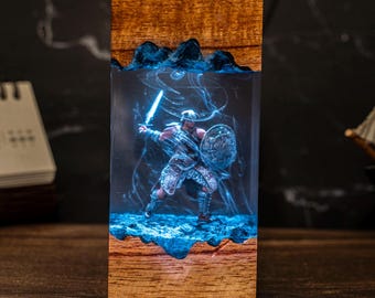 Handmade Skyrim Lamp: Dragonborn Wood Resin Light, Unique Room Decor
