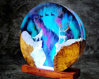 Silver Wolf Resin Lamp: Handmade Northern Lights Epoxy Art