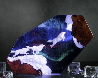 Silver Wolf Resin Lamp: Handmade Epoxy Night Light, Northern Lights Art