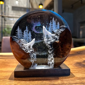 Silver Wolf Resin Lamp, Handmade decor Epoxy Lamp, Black wolf resin art, northern lights gift