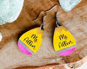 Personalized Teacher Gift, Teacher Name Earrings, Teacher Appreciation Gift, Pencil Earrings, Preschool Teacher Gift, Gift for Her,