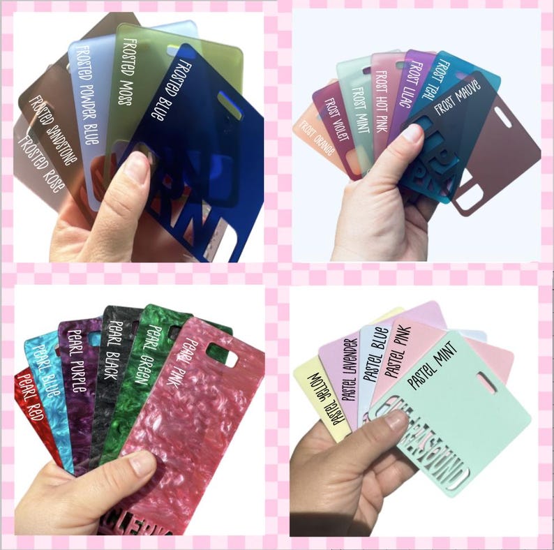 May include: Assortment of frosted and pearlescent plastic cards in various colours, including blue, green, pink, purple, and red. The cards have a frosted or pearlescent finish and are labelled with the colour name.