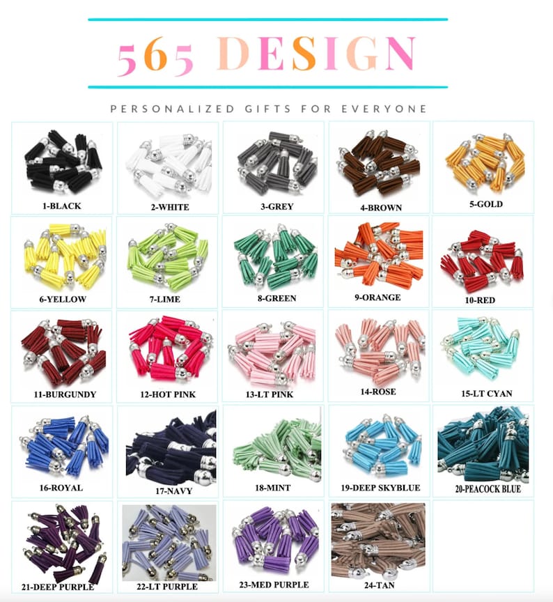 May include: A chart showing 24 different colors of small tassels with silver tops. The tassels are arranged in a grid of four rows and six columns. Each color has a number and a name, such as 1-Black, 2-White, 3-Grey, and so on.