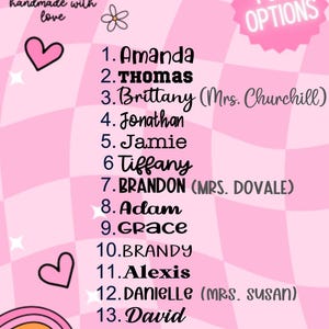 May include: A pink and white checkered background with a list of names and the text "FONT OPTIONS". The names are numbered and include Amanda, Thomas, Brittany, Jonathan, Jamie, Tiffany, Brandon, Adam, Grace, Brandy, Alexis, Danielle, David, Nancy, and Jenny.