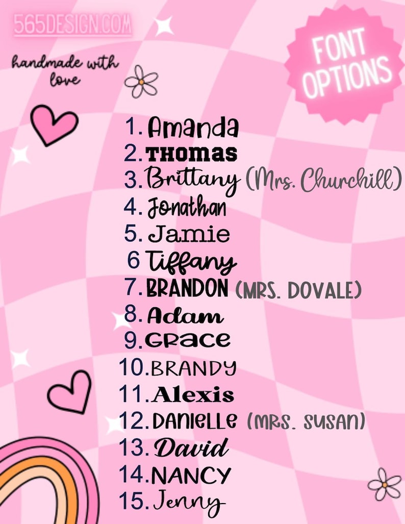 May include: A pink and white checkered background with a list of names and the text "FONT OPTIONS". The names are numbered and include Amanda, Thomas, Brittany, Jonathan, Jamie, Tiffany, Brandon, Adam, Grace, Brandy, Alexis, Danielle, David, Nancy, and Jenny.