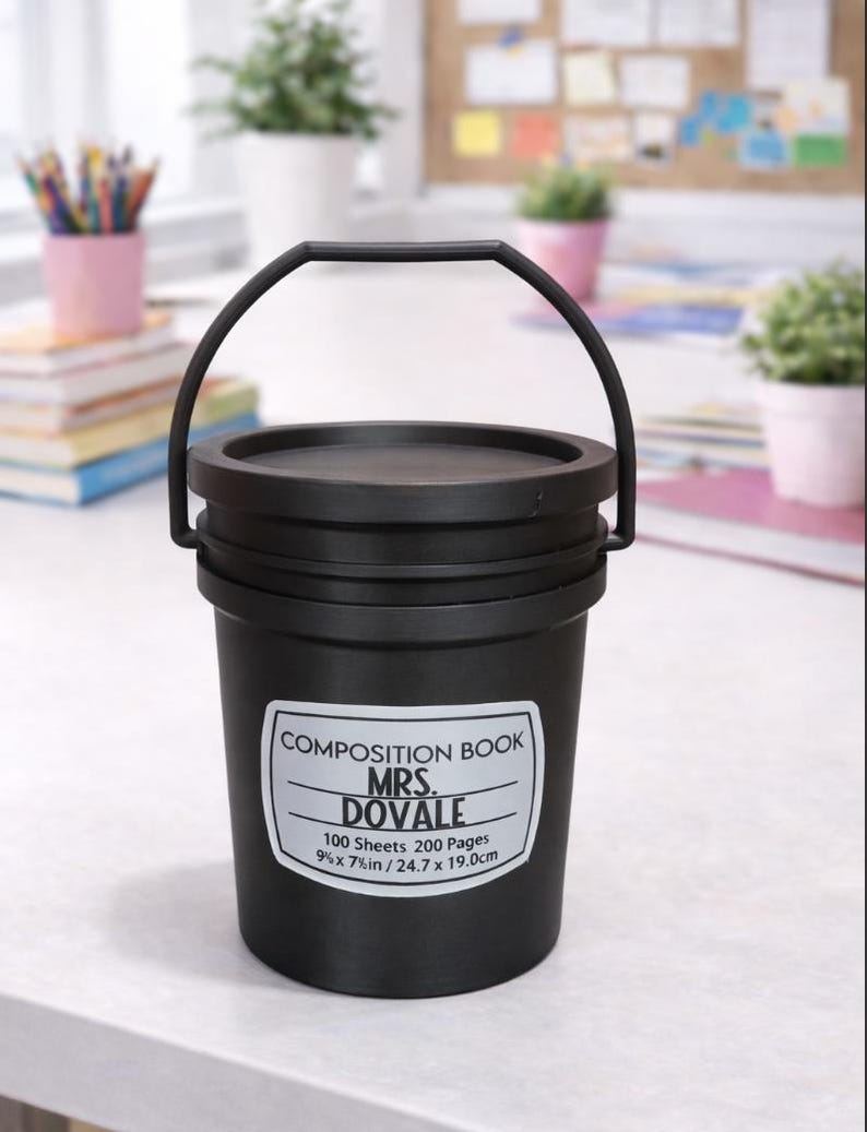 May include: Black bucket-shaped container with a handle, featuring a label that reads "COMPOSITION BOOK MRS. DOVALE." The label also indicates 100 sheets, 200 pages, and dimensions of 9 x 7 inches. The container is on a white surface.