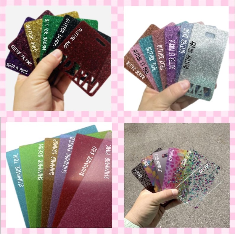May include: A selection of glitter and shimmer sheets in various colours, including pink, purple, red, orange, green, teal, silver, and gold. The sheets are arranged in two rows, with the glitter sheets on top and the shimmer sheets on the bottom.