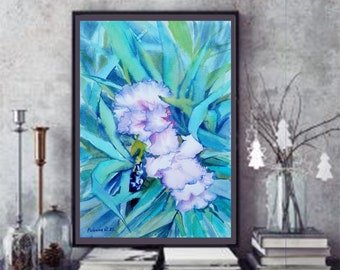 Pintura original em aquarela de íris: arte floral no estilo Van Gogh