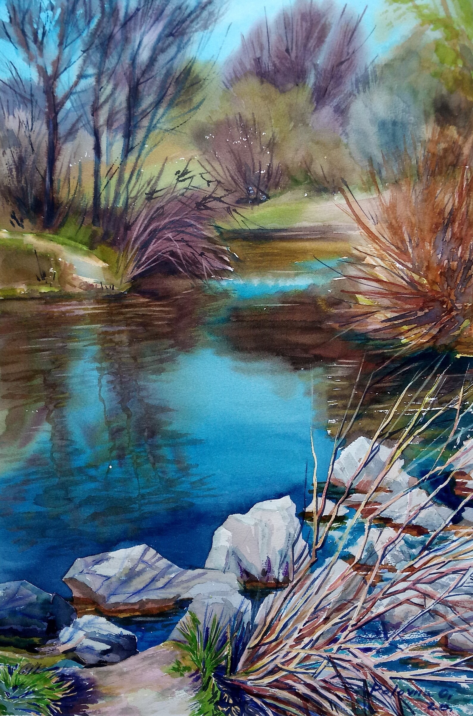 Original landscape of the river in watercolor as a gift | Etsy