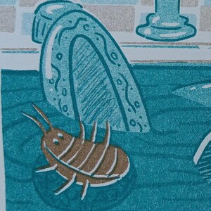 May include: Illustration of a brown insect with white stripes and legs, set against a teal background with a decorative bottle and a glass. The insect has a smiling face and antennae. The artwork has a vintage, cartoonish style.