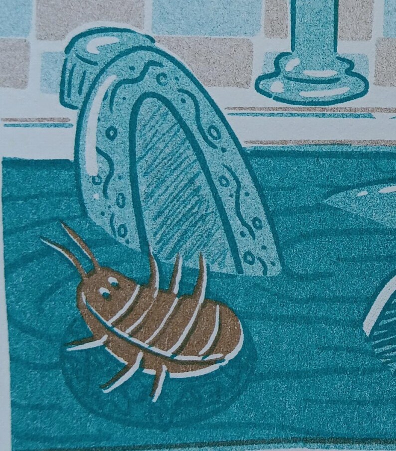 May include: Illustration of a brown insect with white stripes and legs, set against a teal background with a decorative bottle and a glass. The insect has a smiling face and antennae. The artwork has a vintage, cartoonish style.