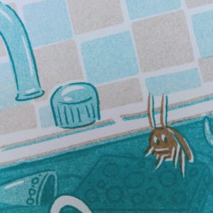 May include: Illustration of a teal and brown cartoon scene. A teal faucet and a bottle cap are visible against a background of blue and gray squares. A brown cartoon insect with long antennae is also present.