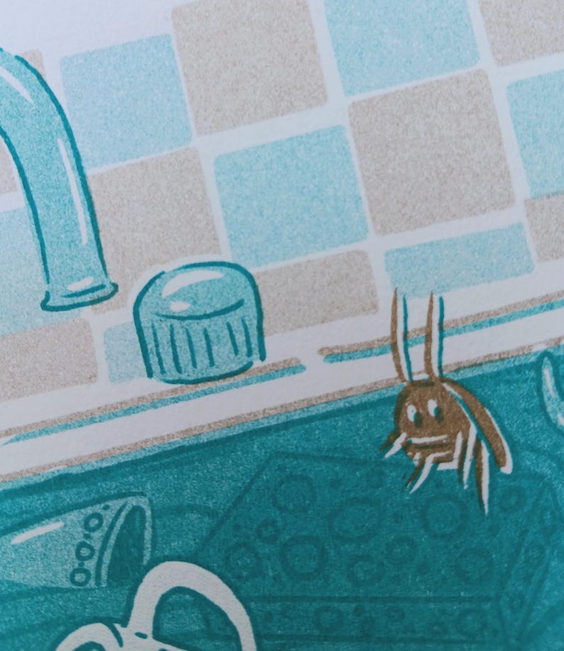 May include: Illustration of a teal and brown cartoon scene. A teal faucet and a bottle cap are visible against a background of blue and gray squares. A brown cartoon insect with long antennae is also present.