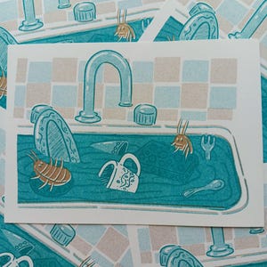 May include: Illustration of a teal sink filled with water and dishes. A faucet, two knobs, and a tiled backsplash are visible. Several cartoonish insects float in the water. A mug, spoon, and fork are also in the sink.