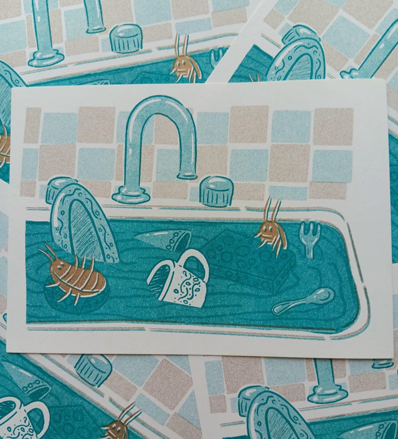 May include: Illustration of a teal sink filled with water and dishes. A faucet, two knobs, and a tiled backsplash are visible. Several cartoonish insects float in the water. A mug, spoon, and fork are also in the sink.