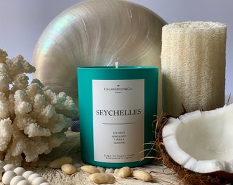 SEYCHELLES Coconut, Bergamot, Vanilla & Almonds Soy Wax Candle | Natural candle | Large 7.7oz 220g | Travel gift | Honeymoon | Eco friendly