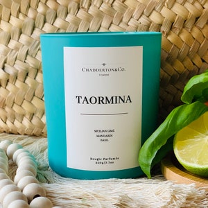 TAORMINA Candela siciliana in cera di soia con lime, mandarino e basilico / Memoria della Sicilia / Candela sostenibile / 220g 7.7oz / Regalo di viaggio / Italia / Vegan